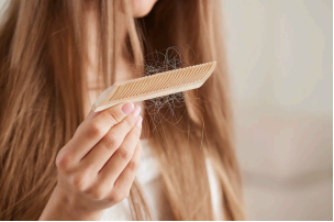 Woman experiencing hair loss brushing tangled strands